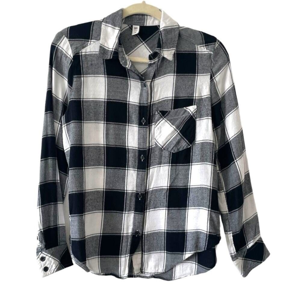 BP XXS Black White Plaid Flannel Button Down Shirt Cotton Relaxed